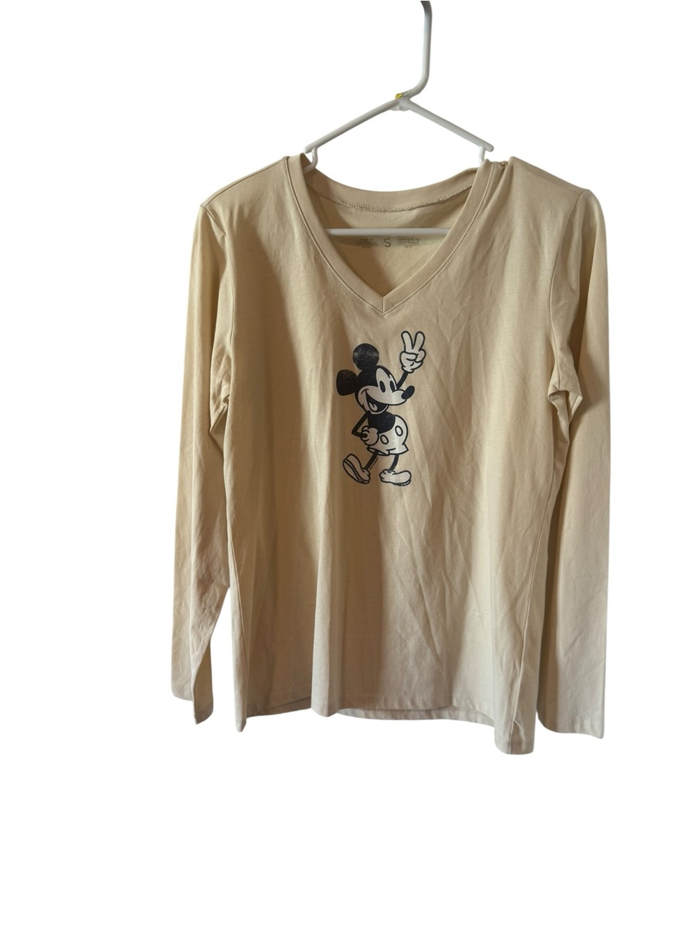 Life is good women's Beige Mickey Mouse Long Sleeve V-Neck Shirt NWT
